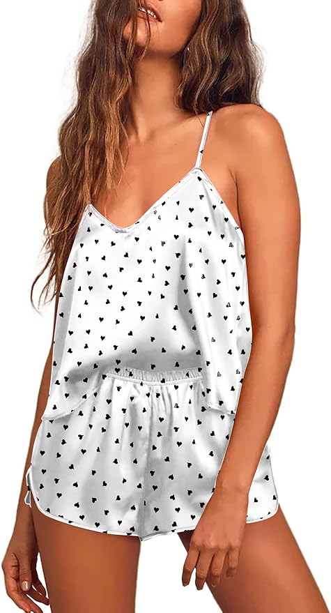 Ekouaer Silk Pajamas for Women Satin Cami Pjs Set V Neck Camisole Shorts Set Adjustable Strap Sleepwear