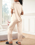 Ekouaer Womens Silky Satin Pajamas Set Short Sleeve Button Down Sleepwear 2 Piece Lounge Set Pj Set