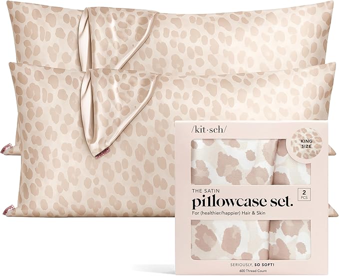 Kitsch Satin Pillowcase with Zipper for Hair & Skin - Softer Than Silk Pillow Cases, Smooth Cooling Satin Pillow Case, Wrinkle-Free, Machine Washable, King Size Satin Pillow Case 19x36, Leopard, 2pc