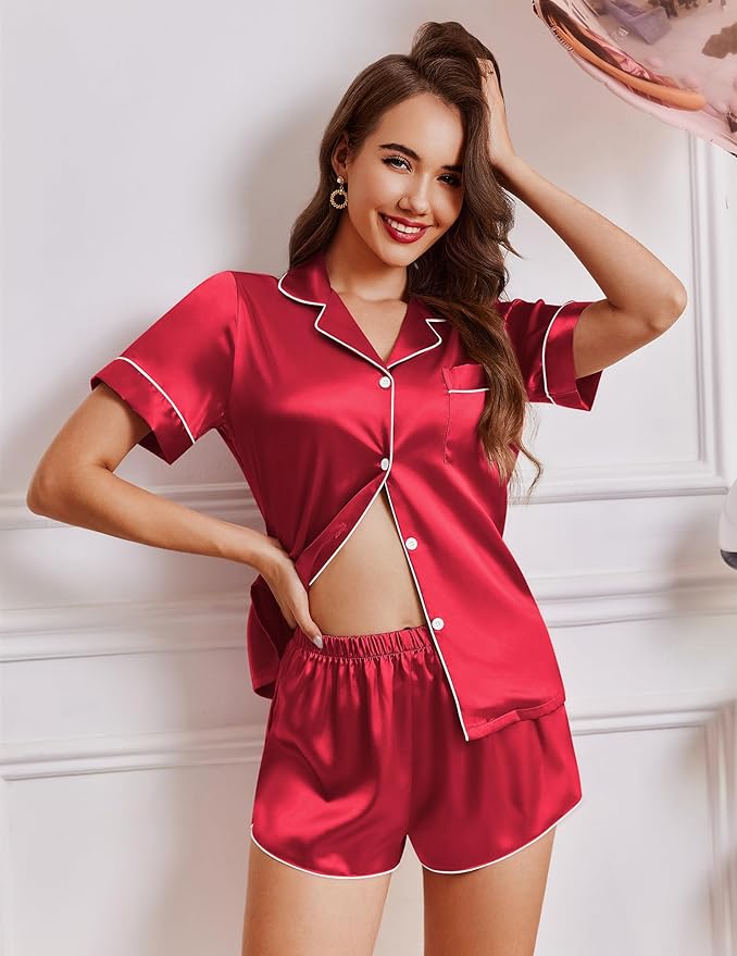 Ekouaer Womens Silk Satin Pajamas Short Sleeve PJS Shorts Set Soft Button Down Sleepwear 2 Piece Loungewear S-5XL