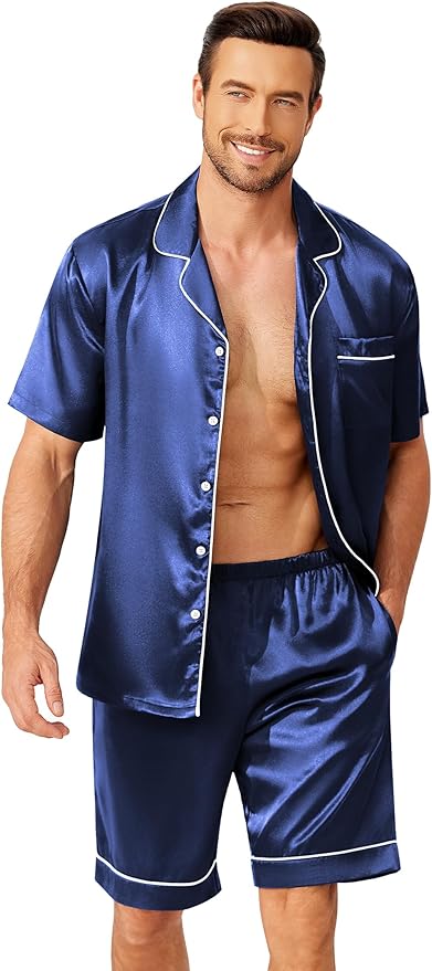 Ekouaer Mens Pajamas Set Silk Satin Sleepwear Short Sleeve Button Down Pjs Set 2 Piece Loungewear with Pockets S-XXL