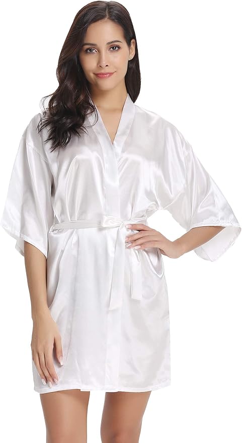 Vlazom Womens Kimono Robes Dressing Gown Satin Bathrobe Nightdress Short Style Bridal Robe
