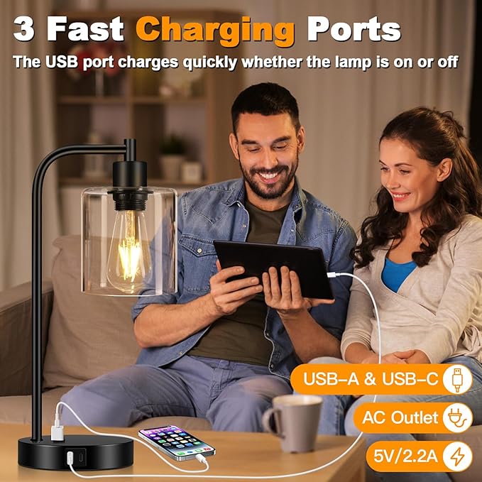 Set of 2 Industrial Touch Control Table Lamps with USB C+A Ports and AC Outlet - 3-Way Dimmable Black Bedside Lamps Nightstand Desk Lamps for Bedroom Living Room, Glass Shade & 2 LED Bulbs Included