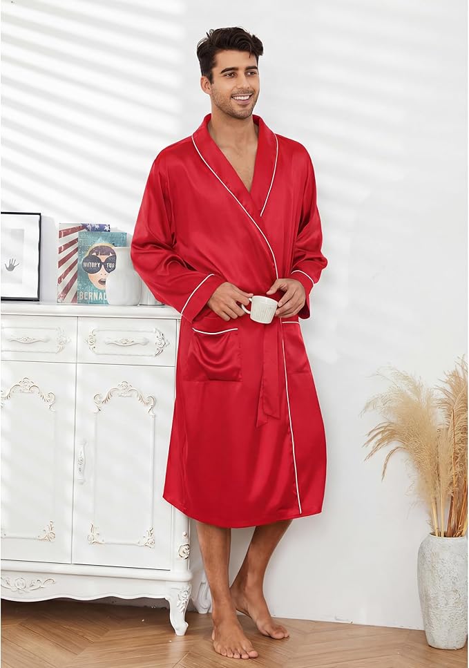 Vulcanodon Men’s Satin Robe Lightweight,Men's Luxurious Silk Kimono Bathrobe