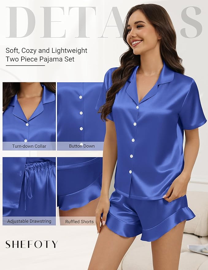 Silk Pajamas for Women Button Down 2 Piece Satin Pjs Shorts Set Ruffle Notch Collar Sleepwear Loungewear