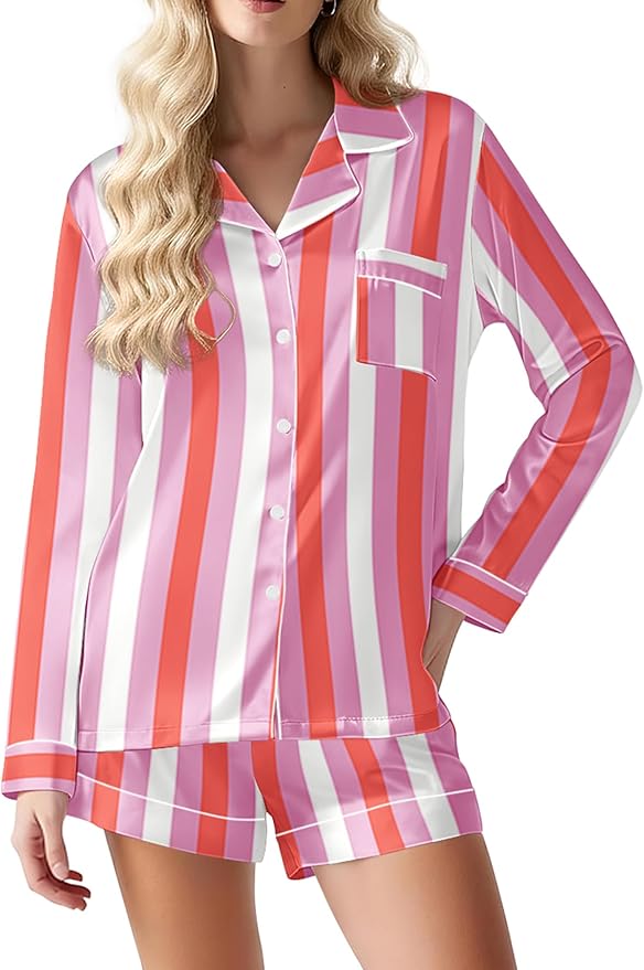 Ekouaer Satin Pajama Set for Women Button Down Pj Set Long Sleeve Top and Shorts 2 Piece Loungewear Summer Soft Sleepwear