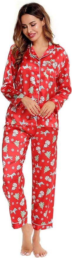 SWOMOG Womens Silk Satin Pajamas Set Long Sleeve Button Down Sleepwear 2 Piece Lounge Set Pj Set XS-3XL