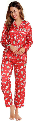 SWOMOG Womens Silk Satin Pajamas Set Long Sleeve Button Down Sleepwear 2 Piece Lounge Set Pj Set XS-3XL