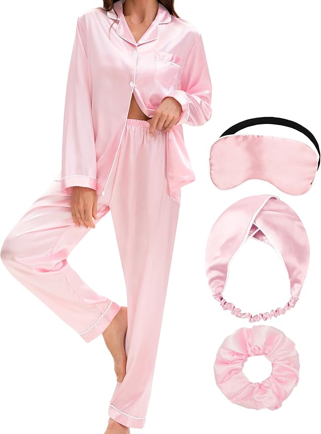 EPLAZA Silk Pajamas for Women Satin Pajamas Set 5 Pcs Long Sleeve Print Pattern Button Down Pjs Sleepwear Loungewear Set