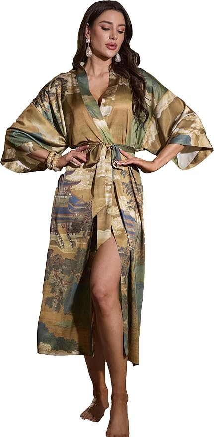 Kihnop Women's Floral Long Kimono Robe Long Satin Robe Long Silk Robe Ladies Kimonos Silky Bathrobe Cover Up, One Size