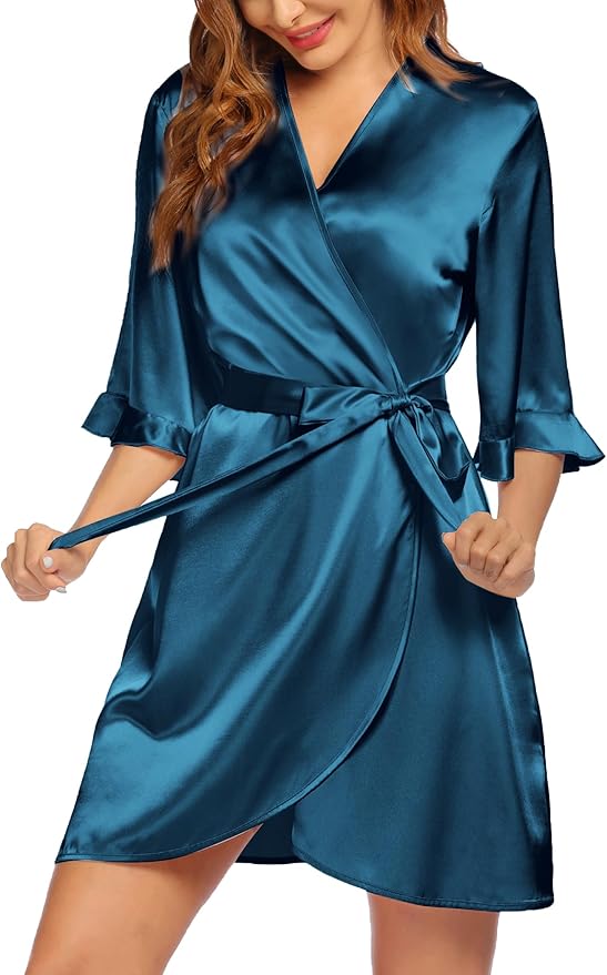 Ekouaer Women's Satin Robe Valentines Lingerie for Women Kimono Bathrobe Short Ruffle Belted Robes Bridesmaids Sleepwear
