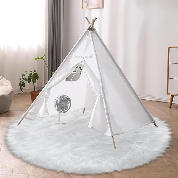4 ft Fluffy White Round Rug for Bedroom, Furry Faux Sheepskin Fur White Circle Rugs for Living Room Cute Soft Fuzzy Shag Carpet for Kids Girls Room Nursery Dorm