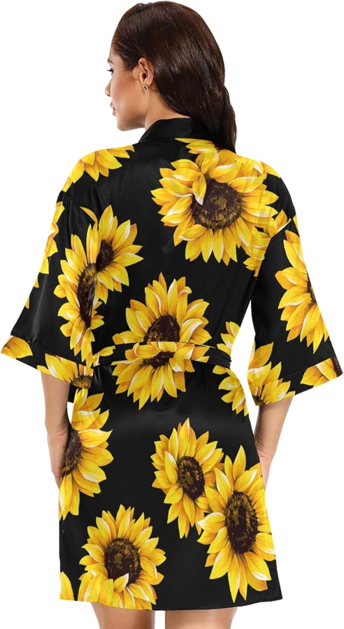 KLL Women's Kimono Robes Sunflower Short Satin Bathrobe Soft Skin-friendly Sleepwear V-Neck Loungewear