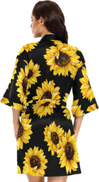 KLL Women's Kimono Robes Sunflower Short Satin Bathrobe Soft Skin-friendly Sleepwear V-Neck Loungewear