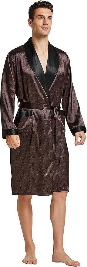 Tony & Candice Men's Satin Robe Lightweight Long Sleeve Silk Kimono Bathrobe with Shorts Set Sleepwear
