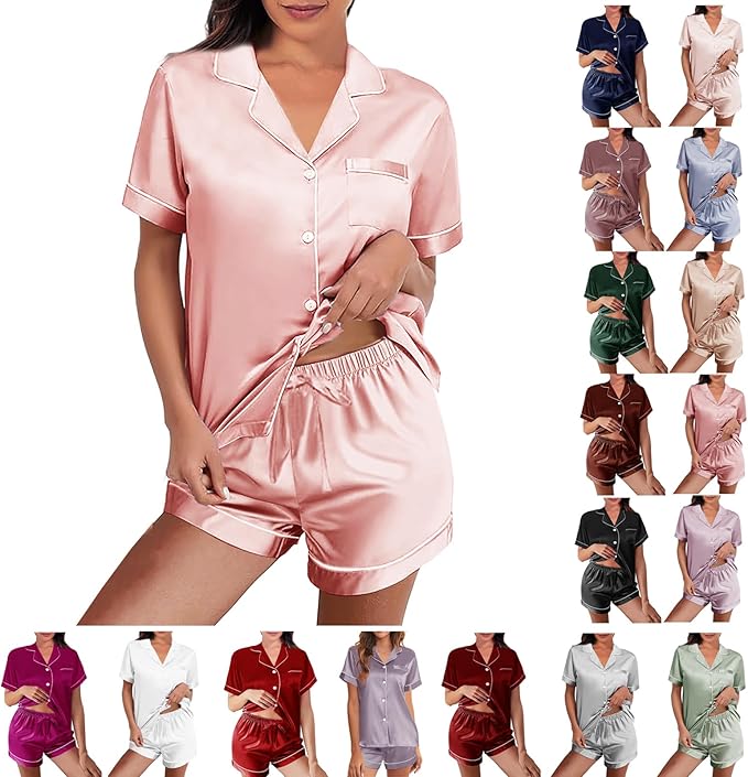 WJing Yi Jia Womens Silk Satin Pajamas Loungewear Two-Piece Sleepwear Button-Down Floral Pj Set XS-4XL