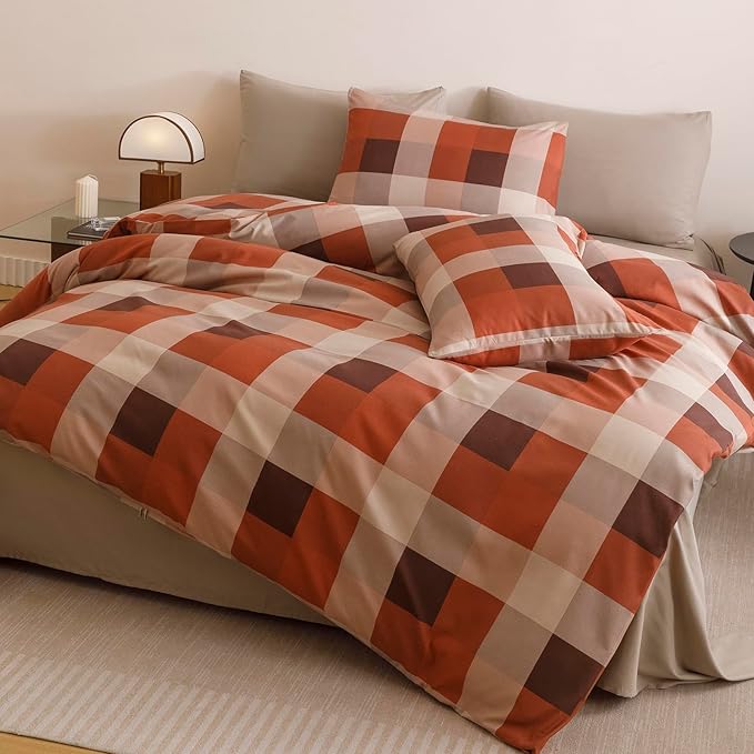 CLOTHKNOW Rust Khaki Plaid Comforter Set King Size Gingham Bedding Comforter Sets Geometric Comforter King with 2 x Pillow Cases