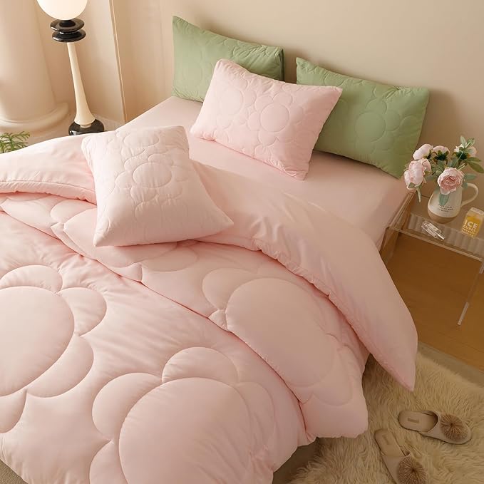 CLOTHKNOW Pink Queen Comforter Set 3Pcs Daisy Puff Bedding Comforter Sets Soft Floral Queen Comforter Pink Comforter with 2 x Pillow Cases