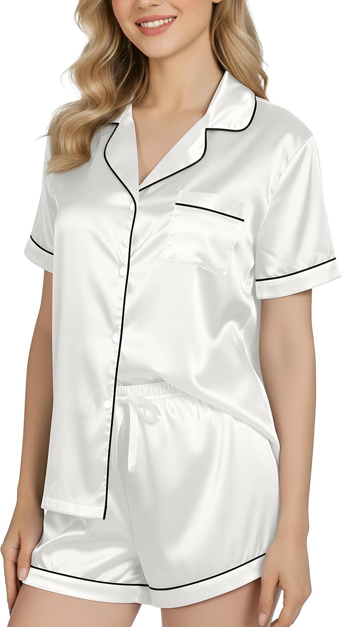 NY Threads Women's Silk Satin Pajamas Set Button Down Top and Shorts 2 Piece Sleepwear Loungewear Pjs Set
