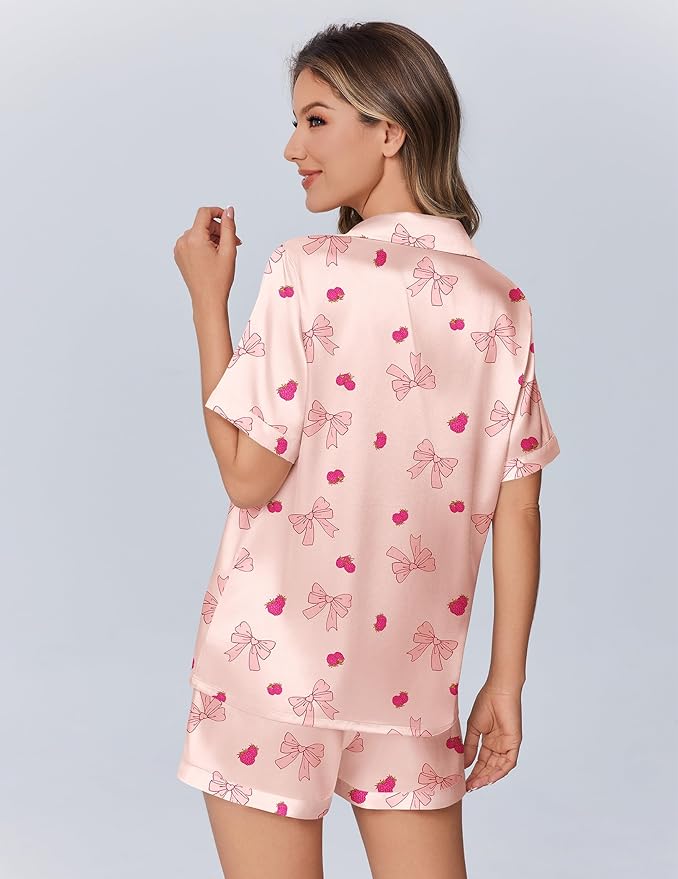 Ekouaer Womens Silk Satin Pajamas Set Animals Print Pjs Button Down Short Sleeve Lounge Set 2 Piece Sleepwear