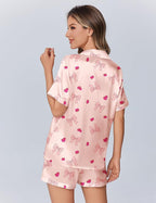 Ekouaer Womens Silk Satin Pajamas Set Animals Print Pjs Button Down Short Sleeve Lounge Set 2 Piece Sleepwear