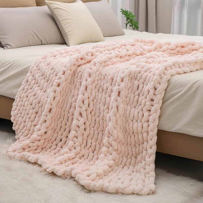 bearberry Chunky Knit Throw Blanket 60x80 Inches Handmade, Soft Jumbo Chenille Yarn with Cable Rope Knot Design | Thick Cozy Large Blanket for Couch, Sofa, Bed & Living Room Home Decor | Pink
