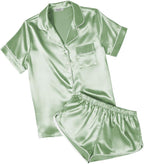 Ekouaer Womens Silk Satin Pajamas Short Sleeve PJS Shorts Set Soft Button Down Sleepwear 2 Piece Loungewear S-5XL