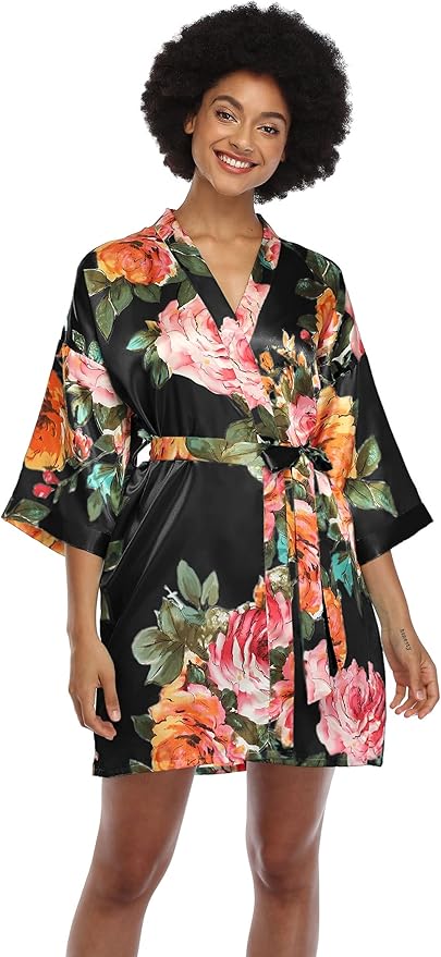 MissNina Women's Floral Satin Kimono Robes Short Silky Bridesmaid Robes Sleepwear