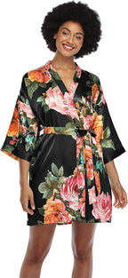MissNina Women's Floral Satin Kimono Robes Short Silky Bridesmaid Robes Sleepwear
