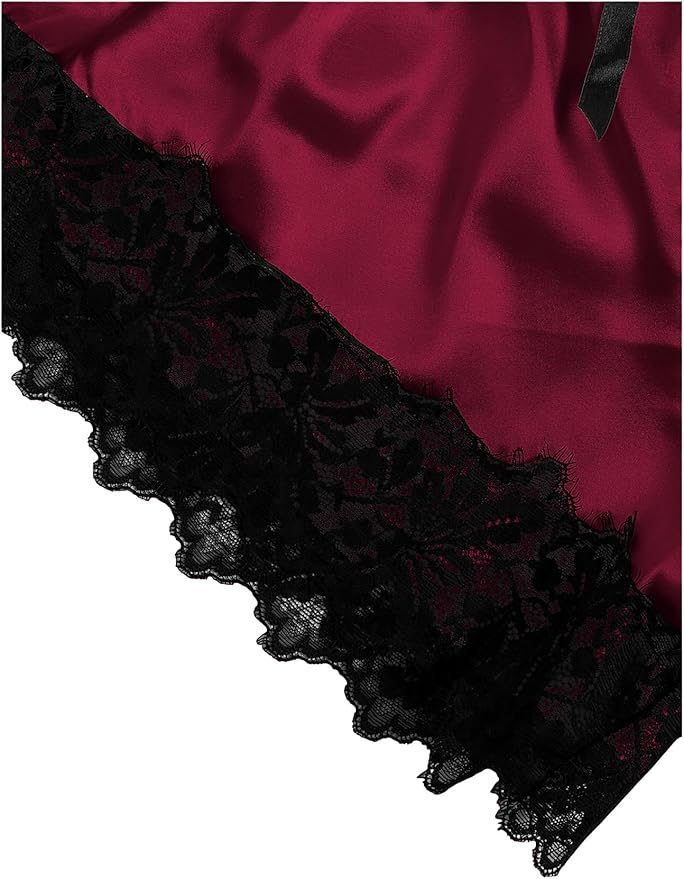 WDIRARA Women' Silk Satin Pajamas Set 4pcs Lingerie Floral Lace Cami Sleepwear with Robe