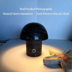 Hand-Polished Natural Marble Mushroom Lamp, Rechargeable LED Stone Night Light with Touch Control and 3 Brightness Levels, Sculptural Bedside Ambient Decor Light for Modern Home