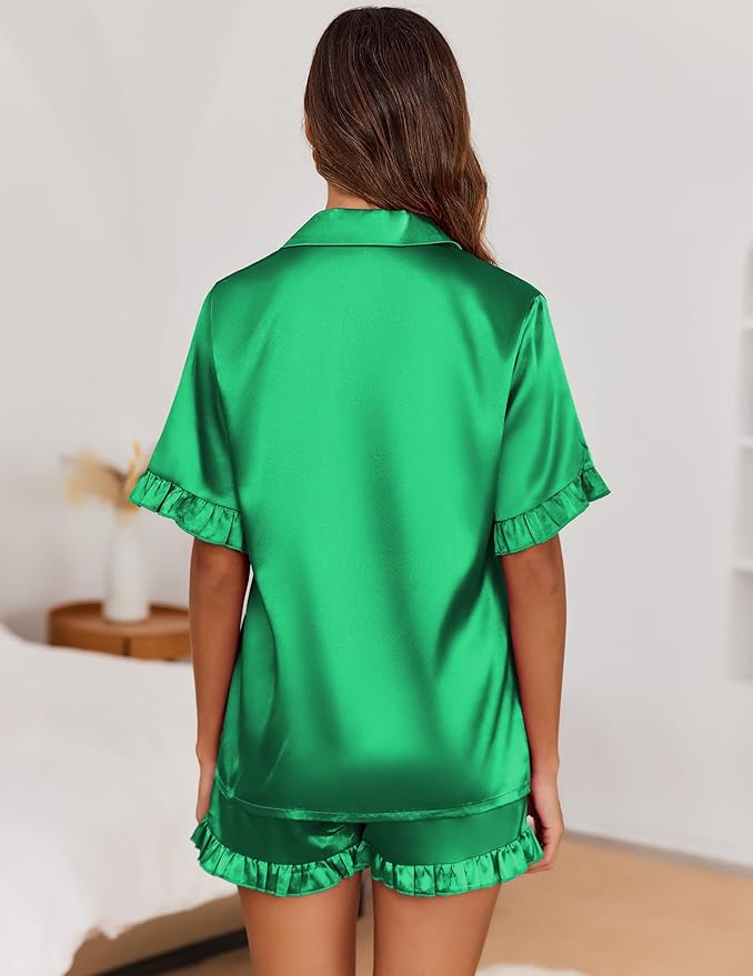 Ekouaer Satin Pajama Set for Women Button Down Silk 2 Piece Pj Sets Ruffle Short Sleeve Sleepwear