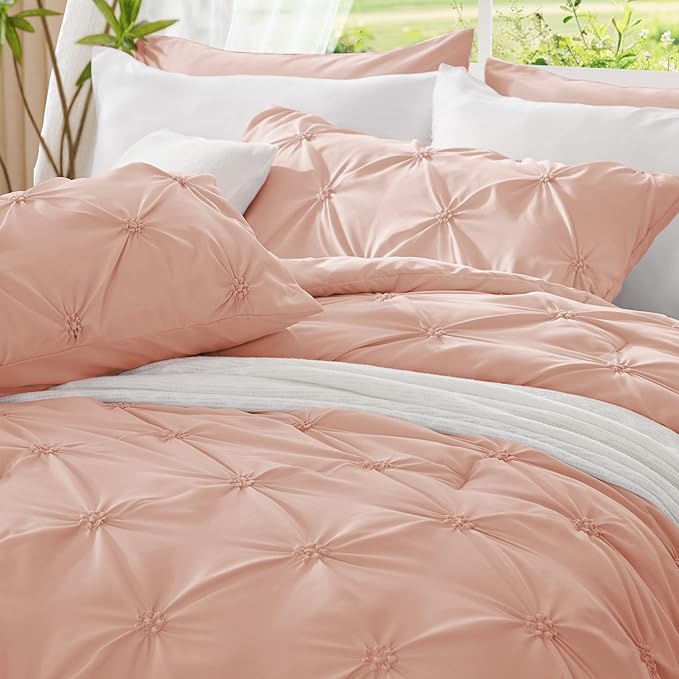 BEDELITE Dusty Pink King Size Comforter Set - 3 Pieces Boho Pintuck Bedding Comforter Sets, Lightweight Soft & Warm King Bedding Set with 2 Pillowcases for All Season
