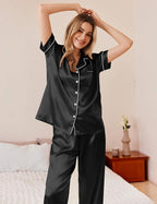 Ekouaer Womens Silky Satin Pajamas Set Short Sleeve Button Down Sleepwear 2 Piece Lounge Set Pj Set