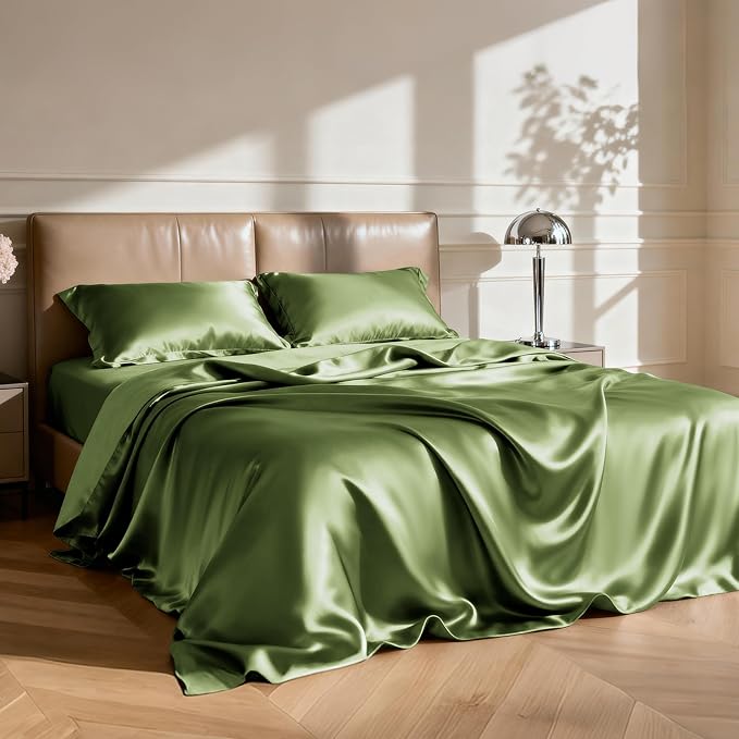 Love's cabin Twin XL Satin Sheet Sets - 3 Piece Sage Silky Bed Sheets with Deep Pockets, Luxury Silk Feel Satin Sheet Set Twin XL (1 Flat Sheet,1 Fitted Sheet,1 Pillow case)
