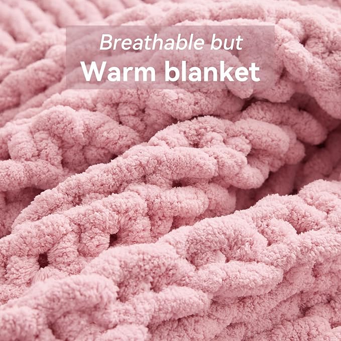 Negwoo Chunky Knit Throw Blanket, 30''*40'' Knitted Throw Chenille Yarn for Bed Couch, Handmade Light Pink Crochet Big Thick Blanket, Machine Washable Cute Comfy Blanket for Home Decor