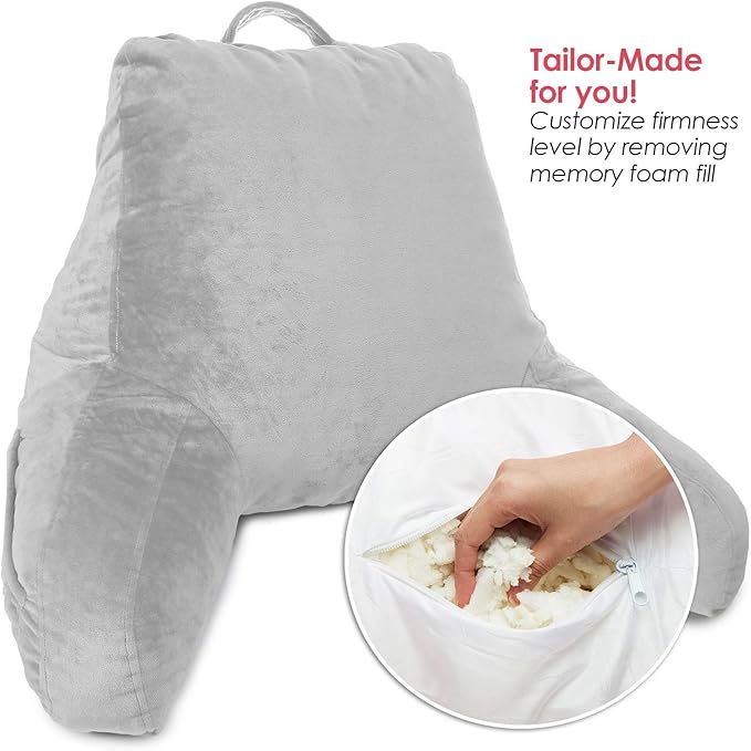 Clara Clark Reading Pillow with Shredded Memory Foam for Sitting Up in Bed and Couch, Back and Arms Adjustable Support for Adults & Teens Backrest Pillows for Reading, with Washable Cover Light Grey
