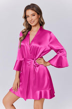 Ekouaer Women's Satin Robe Short Ruffle Hem Silky Robes Lightweight Kimono Brides Bathrobes Sleepwear XS-XXL