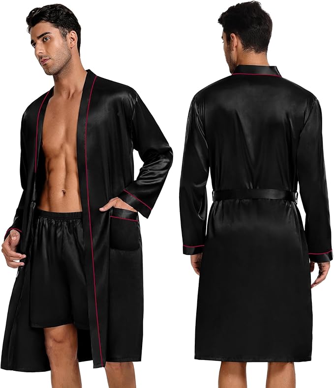 SWOMOG Mens 3 PCS Satin Robe with Pants & Shorts Set Kimono Bathrobe Long Sleeve Sleepwear Pjs Sets with Pockets