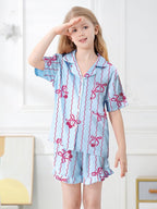 Umeyda Girls & Women Satin Pajamas Set Button Down 2 Piece Silk Pjs Shorts Set Ruffle Sleepwear, 5 Years-Women L