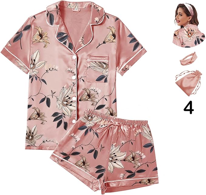 WJing Yi Jia 4Pcs Womens Satin Silky Pajama Sets Short Sleeve Shirt XS-4XL Floral Pajamas Set Soft PJ Loungewear Sleepwear
