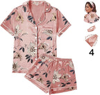 WJing Yi Jia 4Pcs Womens Satin Silky Pajama Sets Short Sleeve Shirt XS-4XL Floral Pajamas Set Soft PJ Loungewear Sleepwear
