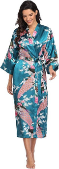 Valennia Women Long Silky Bathrobe Satin Kimono Robe Floral Printed Dressing Gown Sleepwear