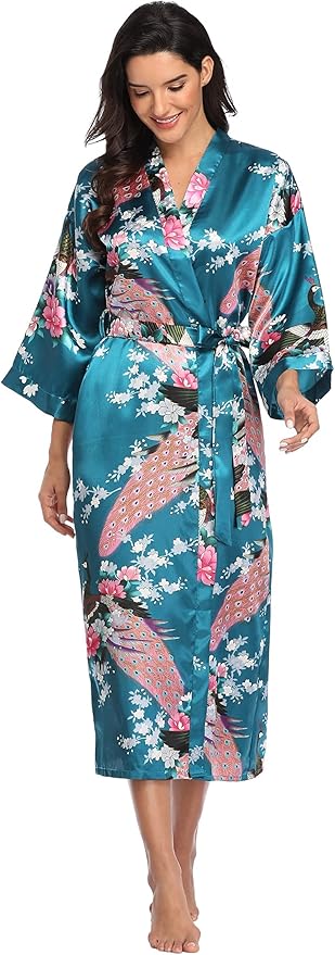 Valennia Women Long Silky Bathrobe Satin Kimono Robe Floral Printed Dressing Gown Sleepwear