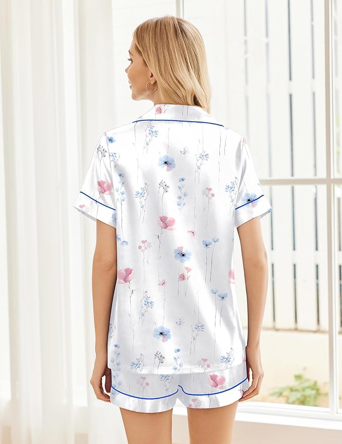 Ekouaer Womens Silk Satin Pajama Sets Soft Short Sleeve Button Down Sleepwear Top and Shorts 2 Piece Pjs Lounge Set