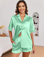 Ekouaer Satin Pajama Set for Women Button Down Silk 2 Piece Pj Sets Ruffle Short Sleeve Sleepwear