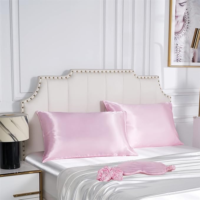 Satin Pillowcase for Hair and Skin, Vegan Silk Pillowcase Set-2 Pink Satin Pillowcases, 1 Eye Mask, 1 Scrunchie-Luxury Sleep Set, Silky Standard Satin Pillow Cases with Envelope Closure