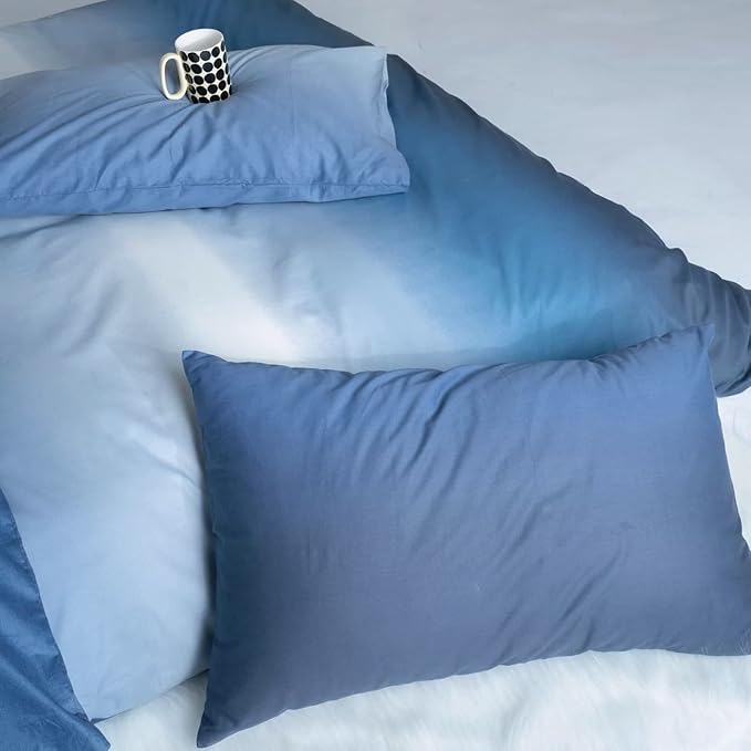 CLOTHKNOW Blue White Full Size Comforter Set 3Pcs Blue Gradient Bedding Sets Soft All Season Comforters with 2 x Pillow Cases