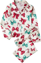 WDIRARA Women's 2 Piece Bowknot Print Satin Pajama Set Long Sleeve Button Down Lounge Pants Sleepwear Sets