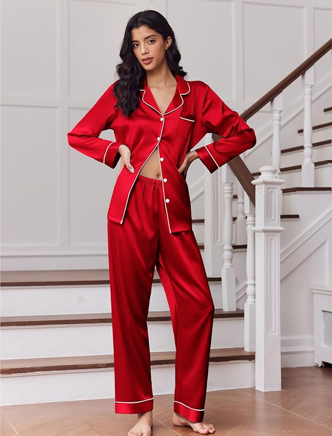 Ekouaer Women's Classic Button Down Long Satin Silk Pajama Set